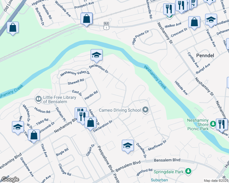 map of restaurants, bars, coffee shops, grocery stores, and more near 3240 Farragut Court in Bensalem