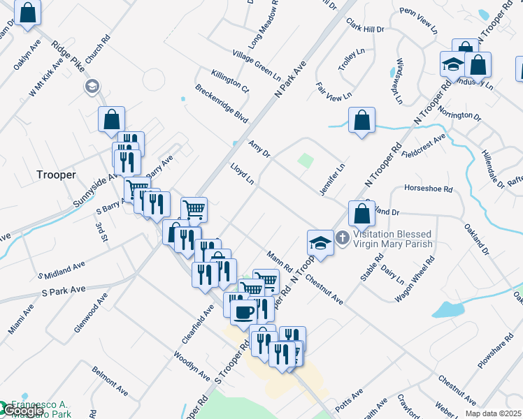 map of restaurants, bars, coffee shops, grocery stores, and more near 121 Evans Road in Eagleville