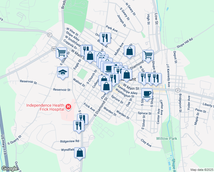 map of restaurants, bars, coffee shops, grocery stores, and more near 515 Washington Street in Mount Pleasant