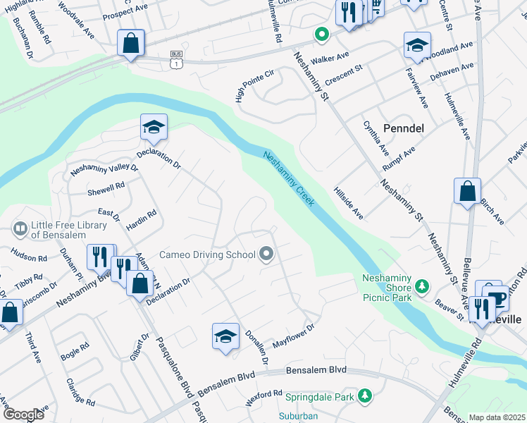 map of restaurants, bars, coffee shops, grocery stores, and more near 6540 Senator Lane in Bensalem