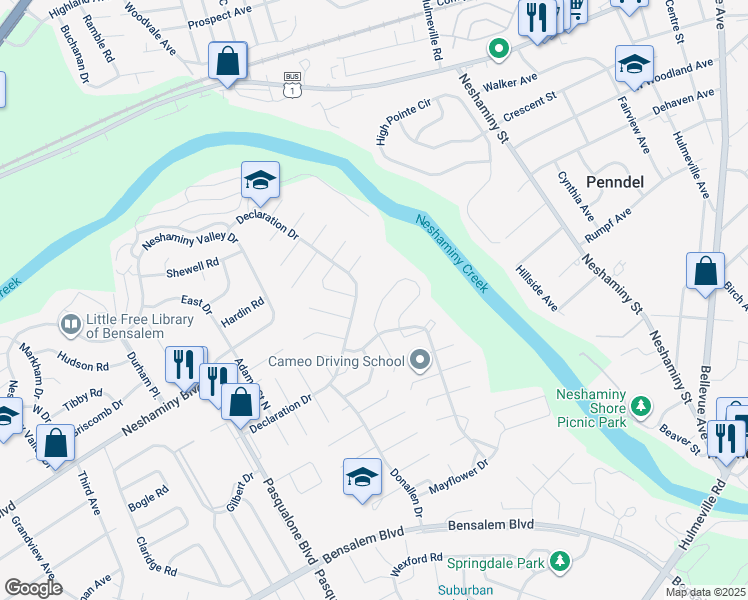 map of restaurants, bars, coffee shops, grocery stores, and more near 6585 Senator Lane in Bucks County