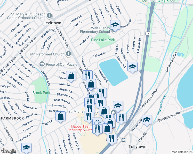 map of restaurants, bars, coffee shops, grocery stores, and more near 47 Locust Lane in Levittown