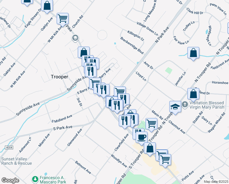 map of restaurants, bars, coffee shops, grocery stores, and more near 21 North Park Avenue in Eagleville