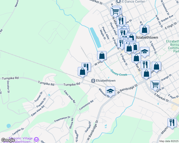 map of restaurants, bars, coffee shops, grocery stores, and more near 464 West High Street in Elizabethtown
