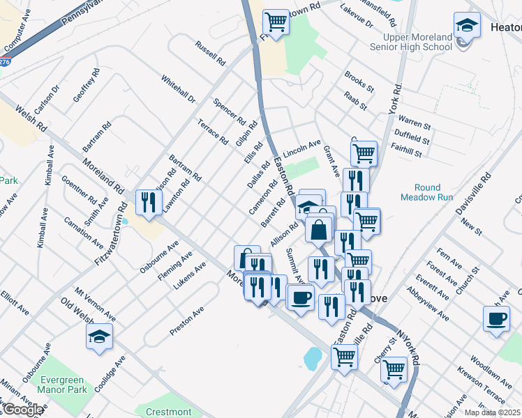 map of restaurants, bars, coffee shops, grocery stores, and more near 219 Cameron Road in Willow Grove