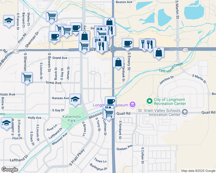 map of restaurants, bars, coffee shops, grocery stores, and more near 1011 South Main Street in Longmont