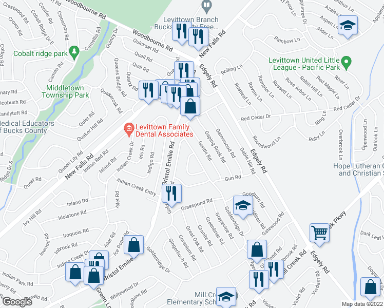 map of restaurants, bars, coffee shops, grocery stores, and more near 10 Gooseneck Road in Levittown