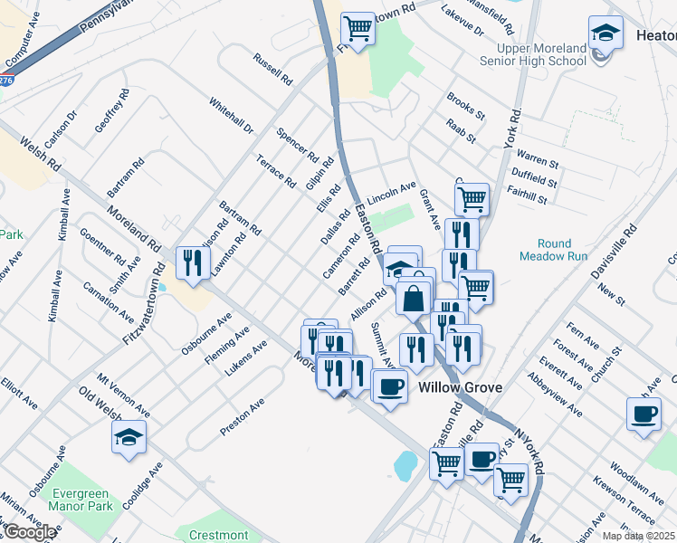 map of restaurants, bars, coffee shops, grocery stores, and more near 219 Cameron Road in Willow Grove