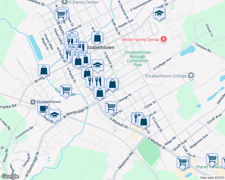 map of restaurants, bars, coffee shops, grocery stores, and more near 423 South Hanover Street in Elizabethtown