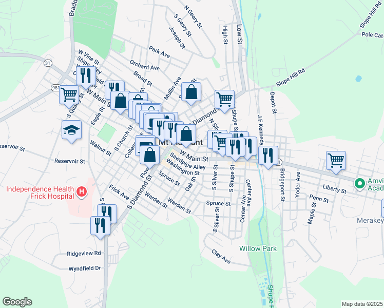 map of restaurants, bars, coffee shops, grocery stores, and more near 10 South Hitchman Street in Mount Pleasant