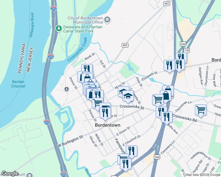 map of restaurants, bars, coffee shops, grocery stores, and more near 151 2nd Street in Bordentown