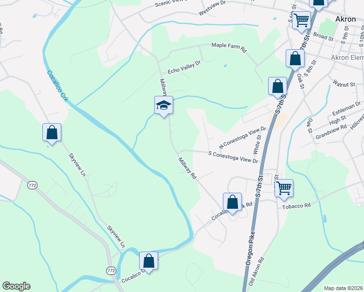map of restaurants, bars, coffee shops, grocery stores, and more near 215 South Conestoga View Drive in Akron