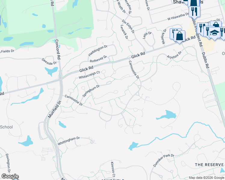 map of restaurants, bars, coffee shops, grocery stores, and more near 5549 Stansbury Drive in Dublin