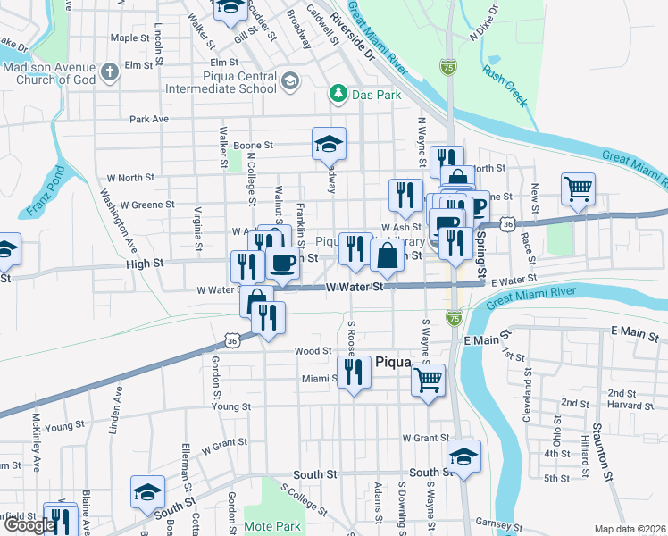 map of restaurants, bars, coffee shops, grocery stores, and more near 534 West Water Street in Piqua