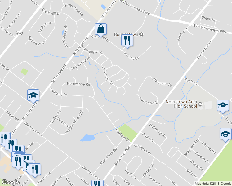 map of restaurants, bars, coffee shops, grocery stores, and more near 1401 Sentry Lane in Norristown