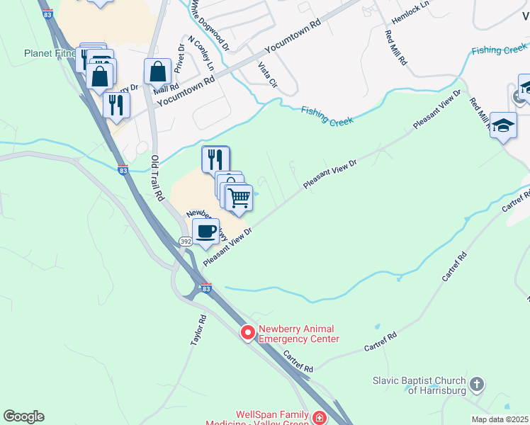 map of restaurants, bars, coffee shops, grocery stores, and more near 435 Pleasant View Drive in York County