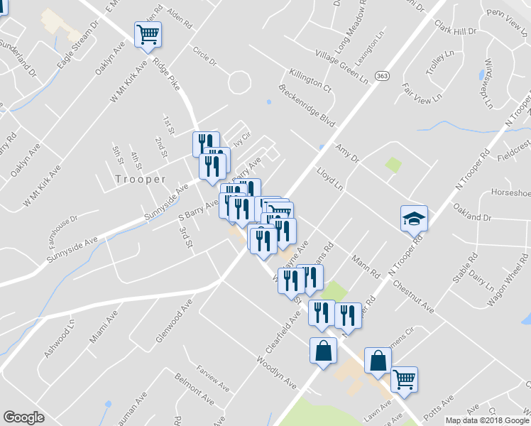 map of restaurants, bars, coffee shops, grocery stores, and more near 21 North Park Avenue in Eagleville