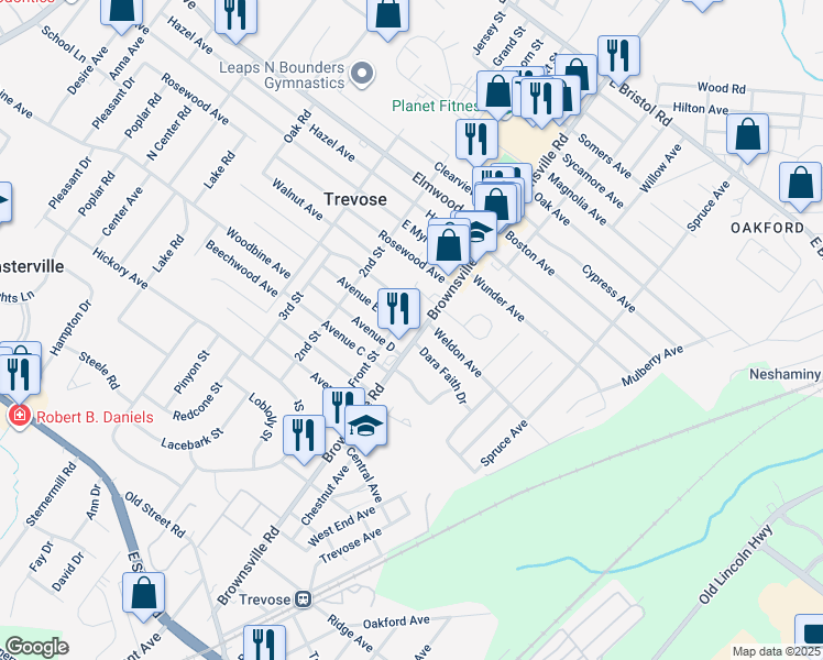 map of restaurants, bars, coffee shops, grocery stores, and more near 1544 Brownsville Road in Trevose