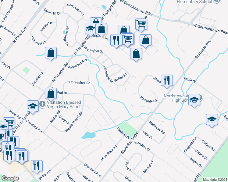 map of restaurants, bars, coffee shops, grocery stores, and more near 1401 Sentry Lane in Norristown