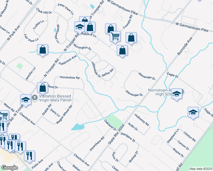 map of restaurants, bars, coffee shops, grocery stores, and more near 1410 Sentry Lane in Norristown