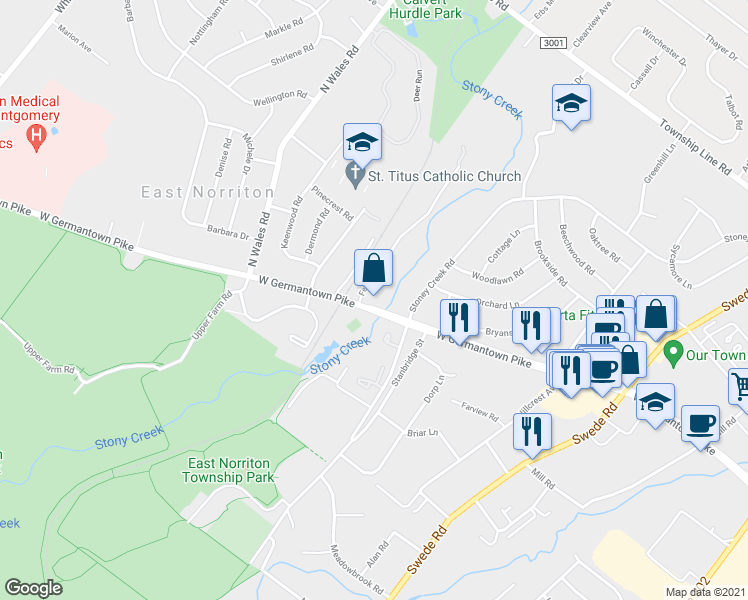 map of restaurants, bars, coffee shops, grocery stores, and more near 313 West Germantown Pike in Eagleville