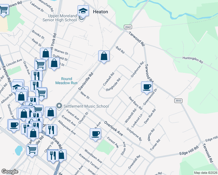 map of restaurants, bars, coffee shops, grocery stores, and more near 213 Cowbell Road in Willow Grove