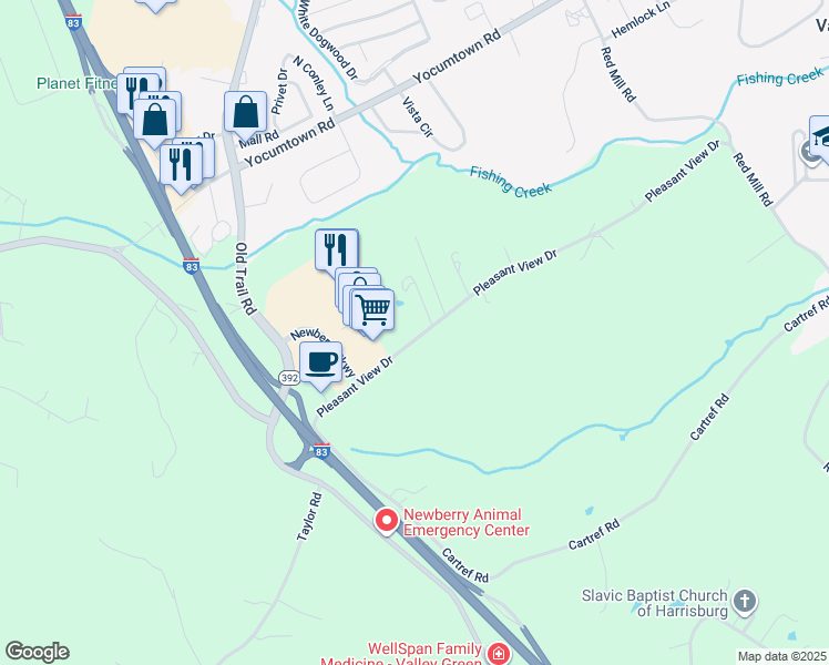 map of restaurants, bars, coffee shops, grocery stores, and more near 435 Pleasant View Drive in York County