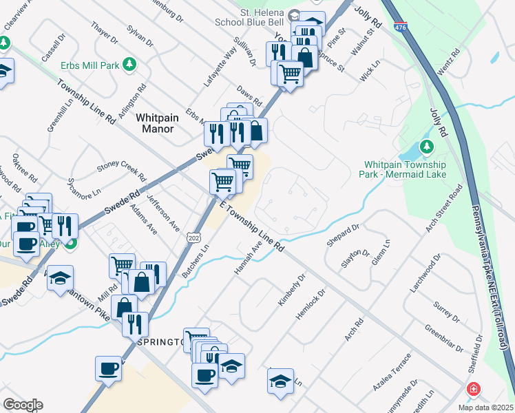 map of restaurants, bars, coffee shops, grocery stores, and more near 2899 Aspen Circle in Blue Bell