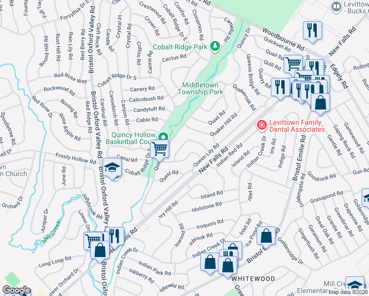 map of restaurants, bars, coffee shops, grocery stores, and more near 114 Quincy Drive in Levittown