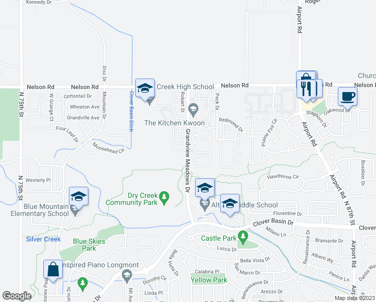 map of restaurants, bars, coffee shops, grocery stores, and more near Grandview Meadows Drive in Longmont