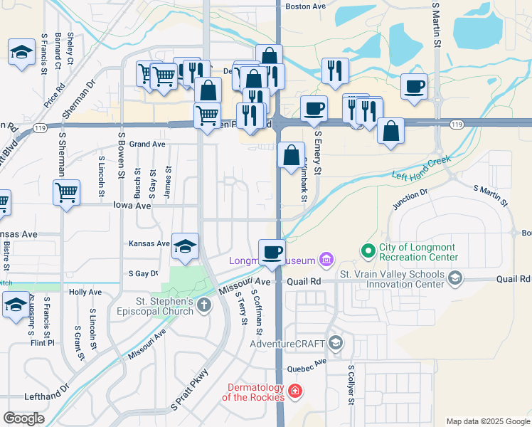 map of restaurants, bars, coffee shops, grocery stores, and more near in Longmont
