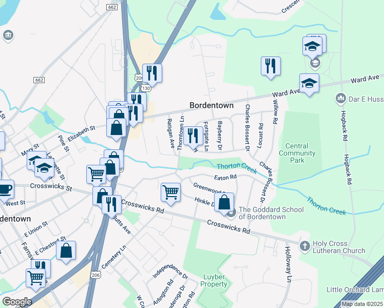 map of restaurants, bars, coffee shops, grocery stores, and more near 23 Thorntown Lane in Fieldsboro