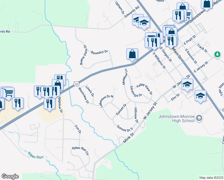 map of restaurants, bars, coffee shops, grocery stores, and more near 52 Northview Drive in Johnstown