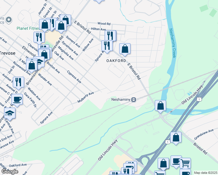 map of restaurants, bars, coffee shops, grocery stores, and more near 4525 Magnolia Avenue in Bucks County