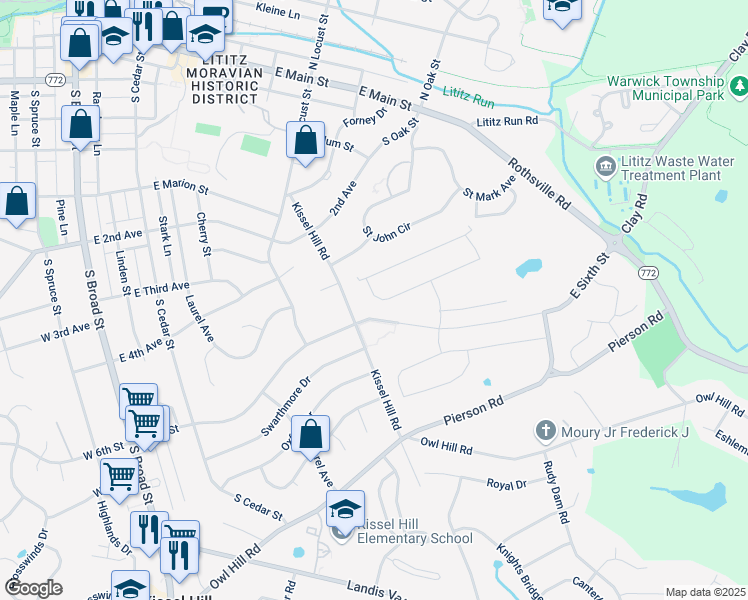 map of restaurants, bars, coffee shops, grocery stores, and more near 320 Pin Oak Drive in Lititz