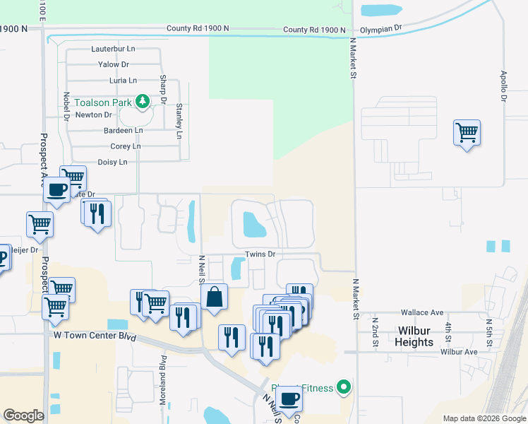 map of restaurants, bars, coffee shops, grocery stores, and more near 2717 Hunters Pond Run in Champaign