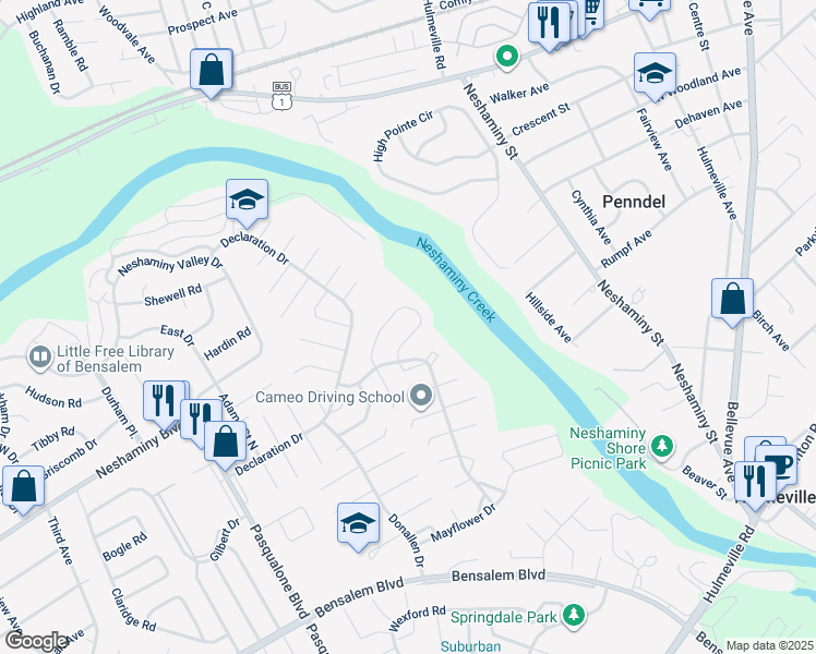 map of restaurants, bars, coffee shops, grocery stores, and more near 6540 Senator Lane in Bensalem