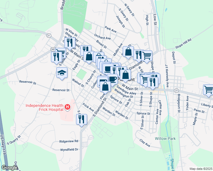 map of restaurants, bars, coffee shops, grocery stores, and more near 515 Washington Street in Mount Pleasant