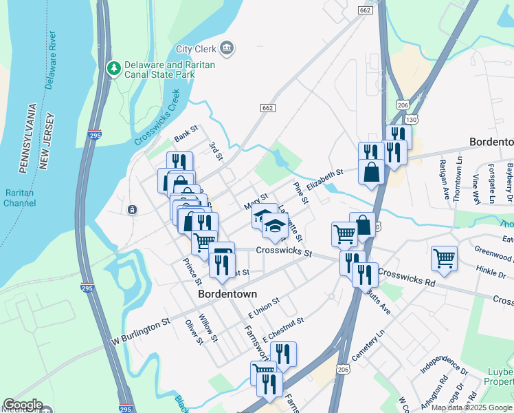 map of restaurants, bars, coffee shops, grocery stores, and more near 20 Ann Street in Bordentown
