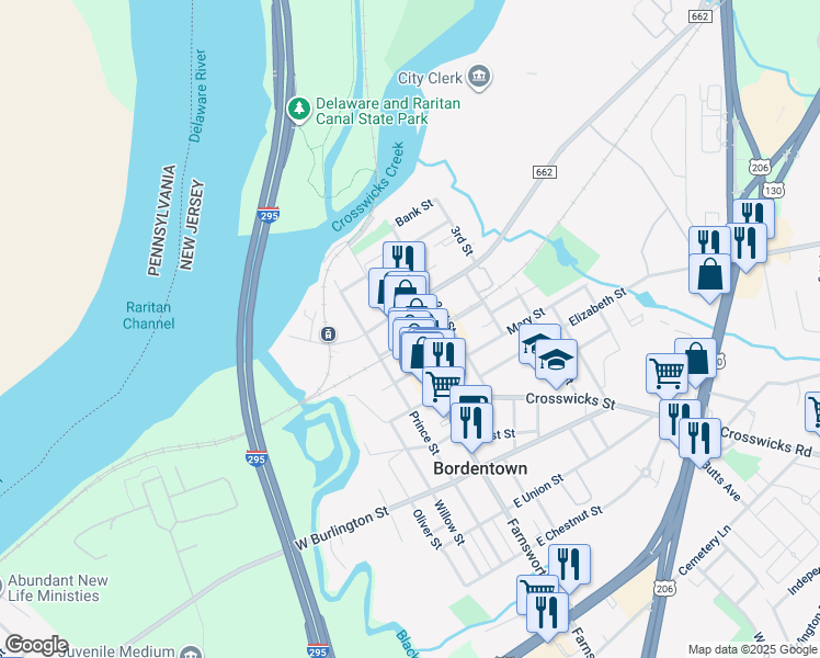 map of restaurants, bars, coffee shops, grocery stores, and more near 1-5 Park Street in Bordentown