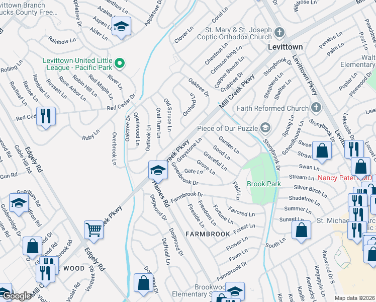 map of restaurants, bars, coffee shops, grocery stores, and more near in Levittown