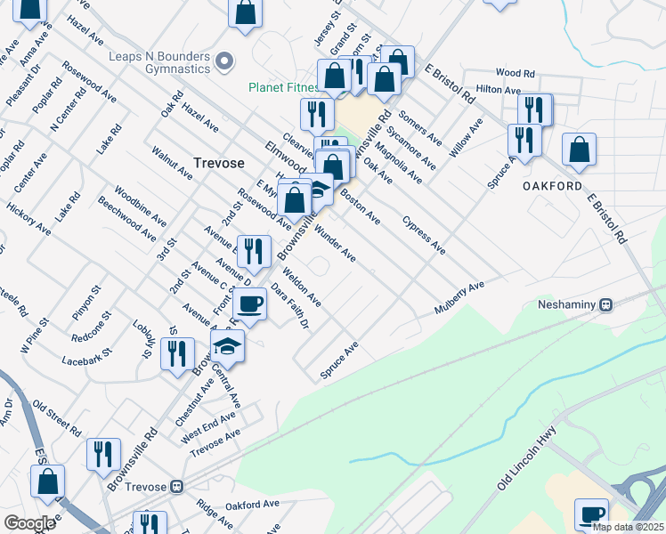 map of restaurants, bars, coffee shops, grocery stores, and more near 109 Charter Court in Feasterville-Trevose