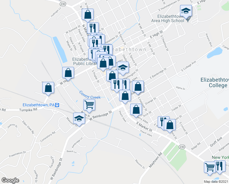map of restaurants, bars, coffee shops, grocery stores, and more near 220 South Cherry Alley in Elizabethtown