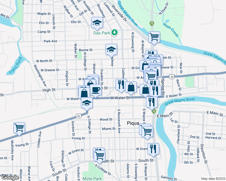 map of restaurants, bars, coffee shops, grocery stores, and more near 518 High Street in Piqua