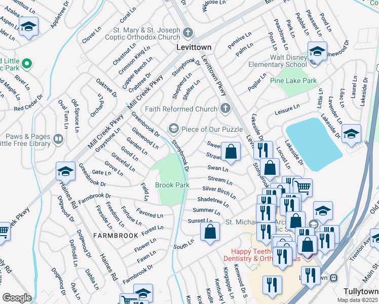 map of restaurants, bars, coffee shops, grocery stores, and more near 5 Schoolhouse Lane in Levittown