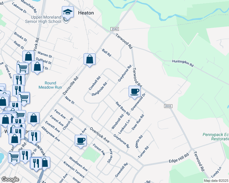 map of restaurants, bars, coffee shops, grocery stores, and more near 152 Greyhorse Rd in Willow Grove