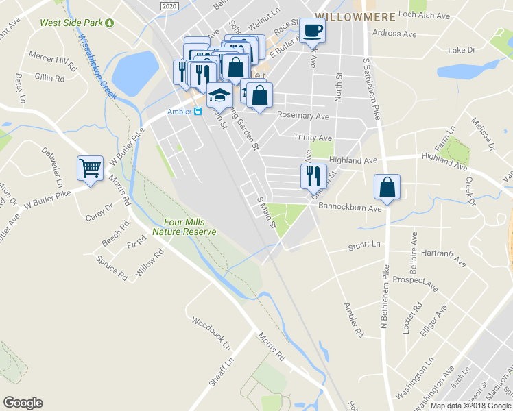 map of restaurants, bars, coffee shops, grocery stores, and more near 304 Ebony Court in Ambler