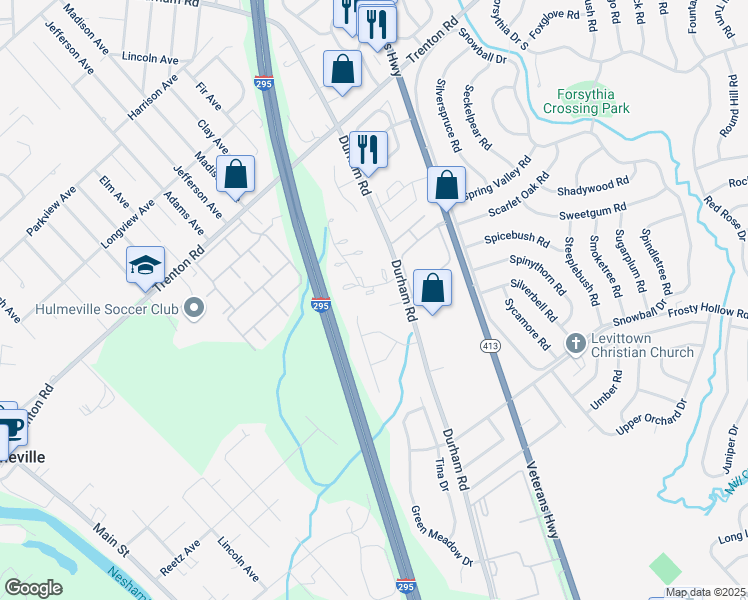 map of restaurants, bars, coffee shops, grocery stores, and more near 25 Hollybrooke Drive in Langhorne