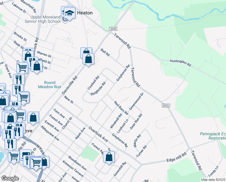 map of restaurants, bars, coffee shops, grocery stores, and more near 152 Greyhorse Rd in Willow Grove