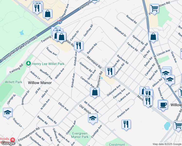 map of restaurants, bars, coffee shops, grocery stores, and more near 2928 Goentner Road in Willow Grove